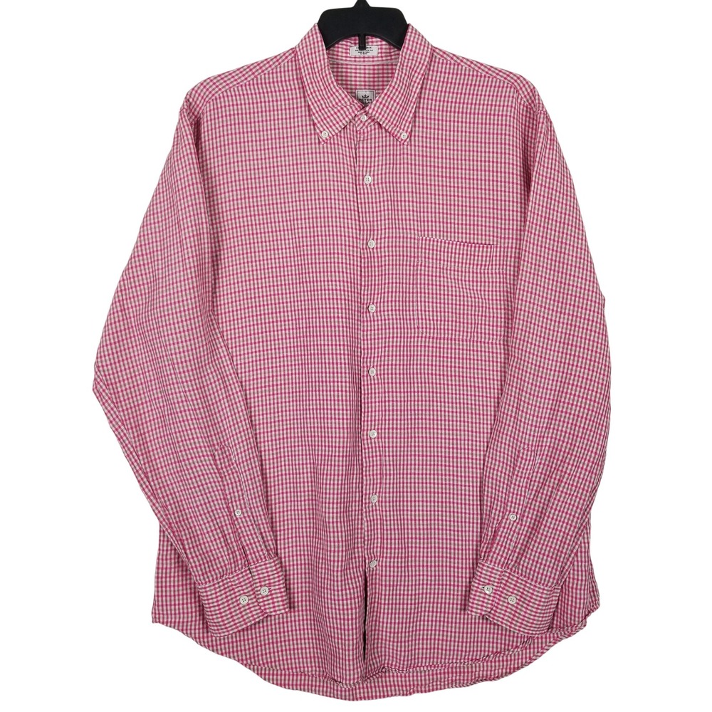 Peter Millar Button Down Shirt Mens XL Pink Gingham Linen Silk Long Sleeve